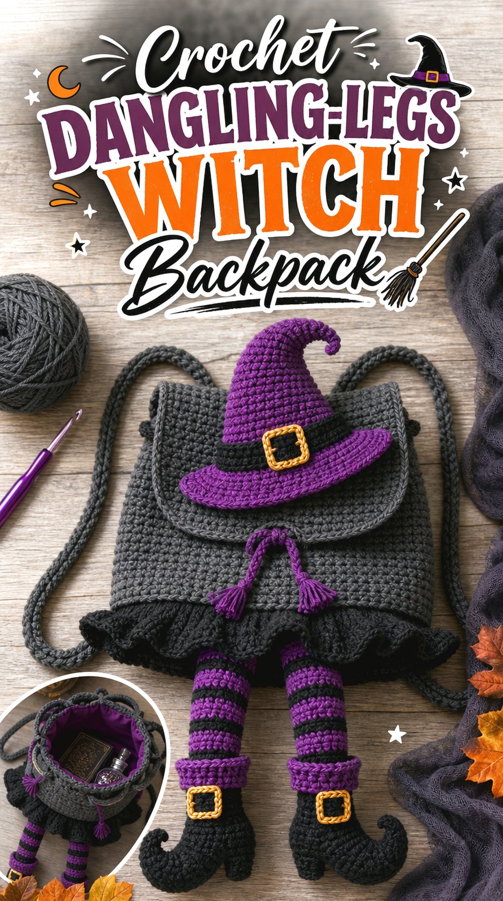 Crochet Dangling-Legs Witch Backpack