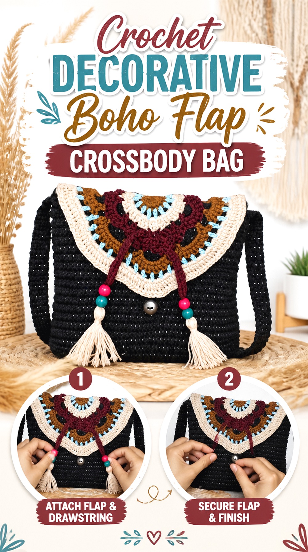 Crochet Decorative Boho Flap Crossbody Bag