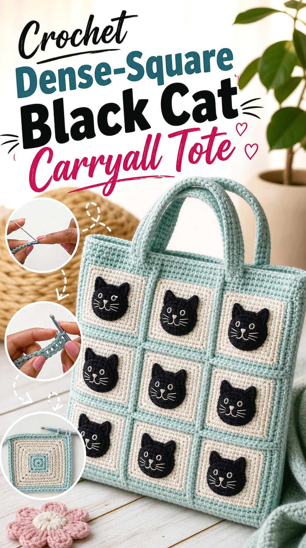Crochet Dense-Square Black Cat Carryall Tote