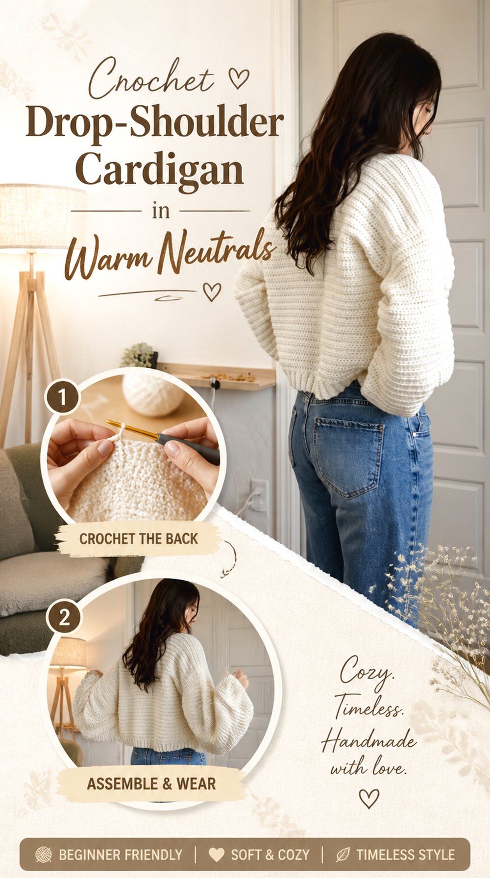 Crochet Drop Shoulder Cardigan in Warm Neutrals