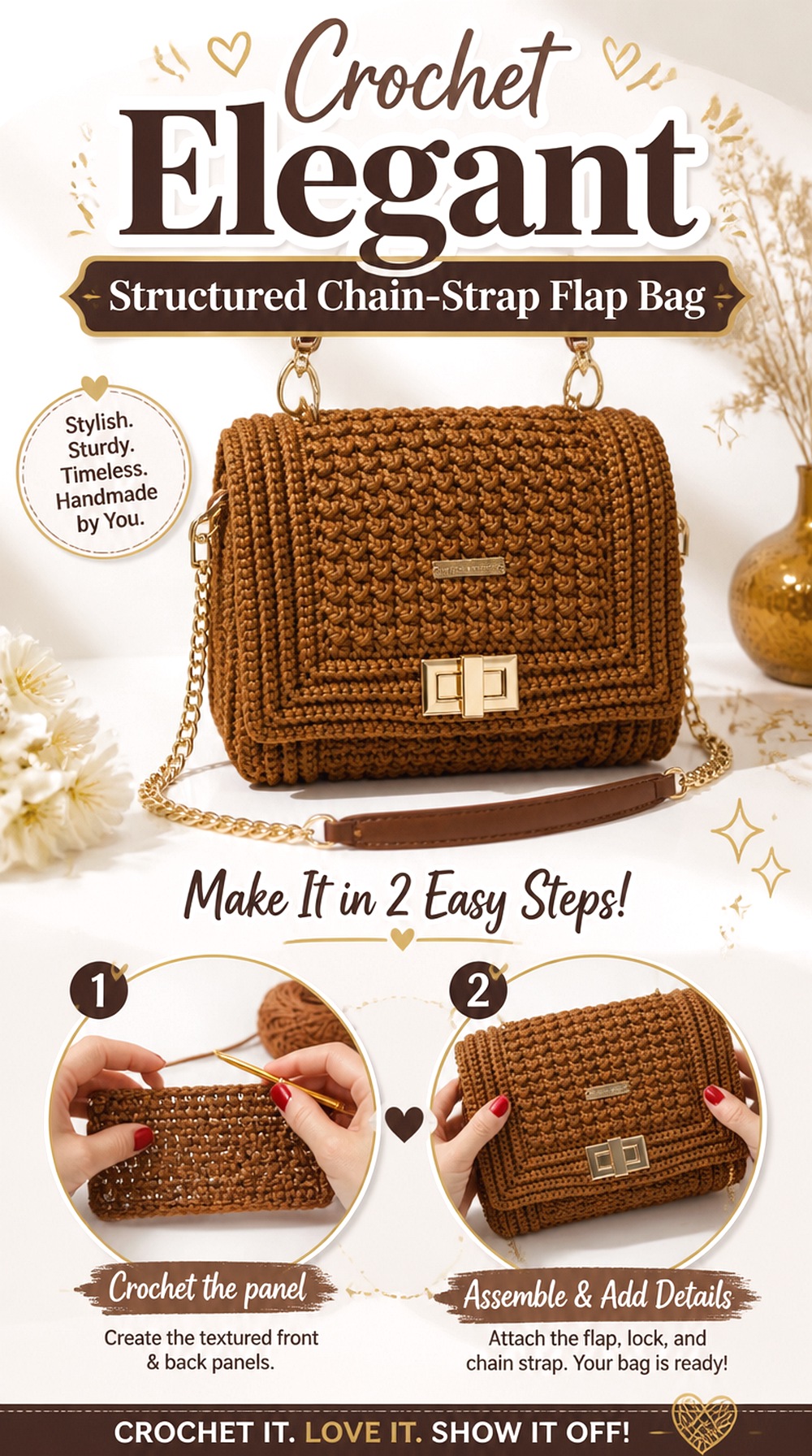 Crochet Elegant Structured Chain Strap Flap Bag