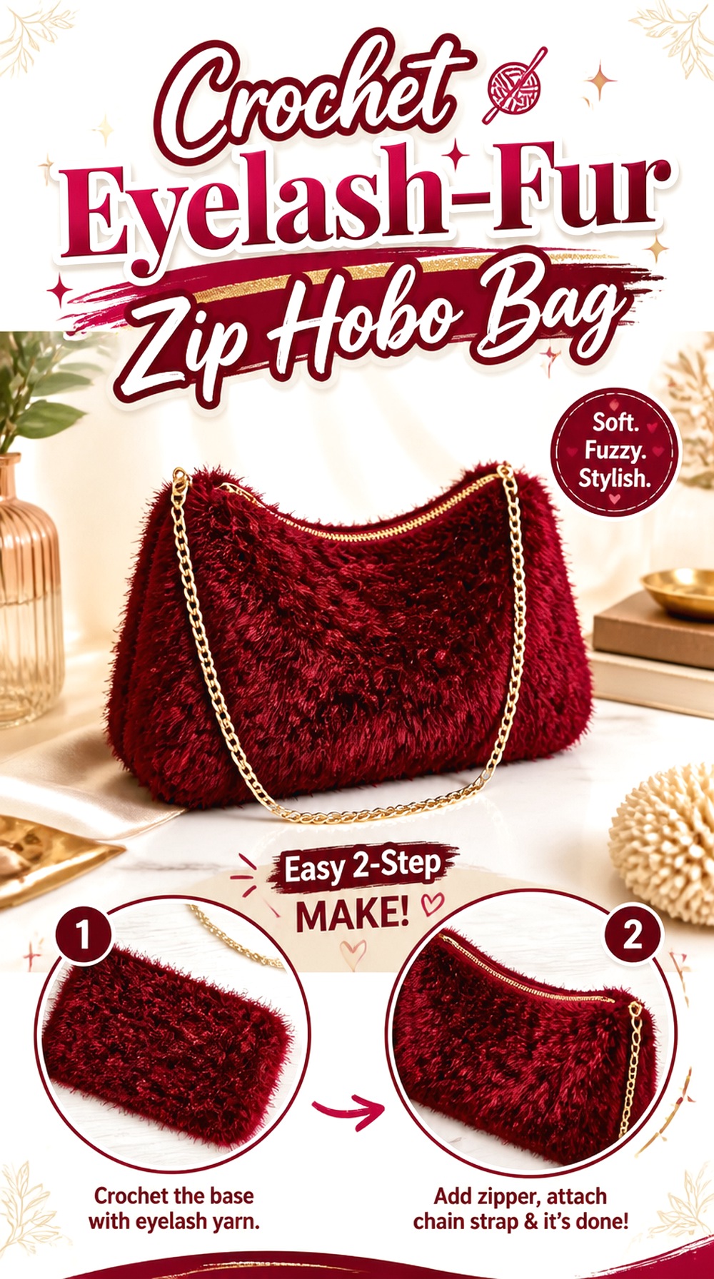 Crochet Eyelash Fur Zip Hobo Bag
