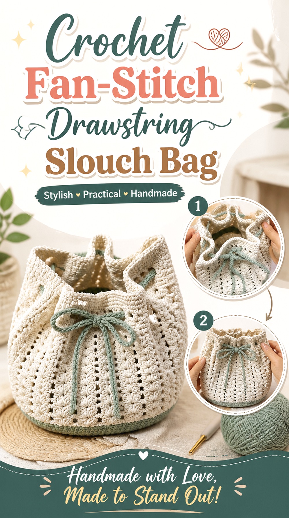 Crochet Fan Stitch Drawstring Slouch Bag