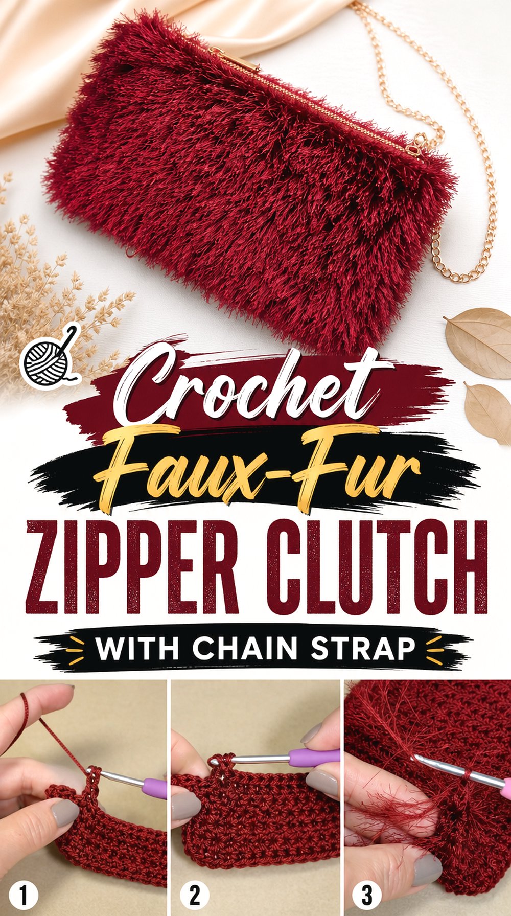 Crochet Faux-Fur Zipper Clutch with Chain Strap