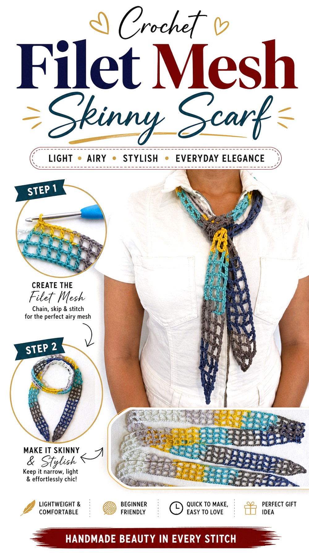 Crochet Filet Mesh Skinny Scarf