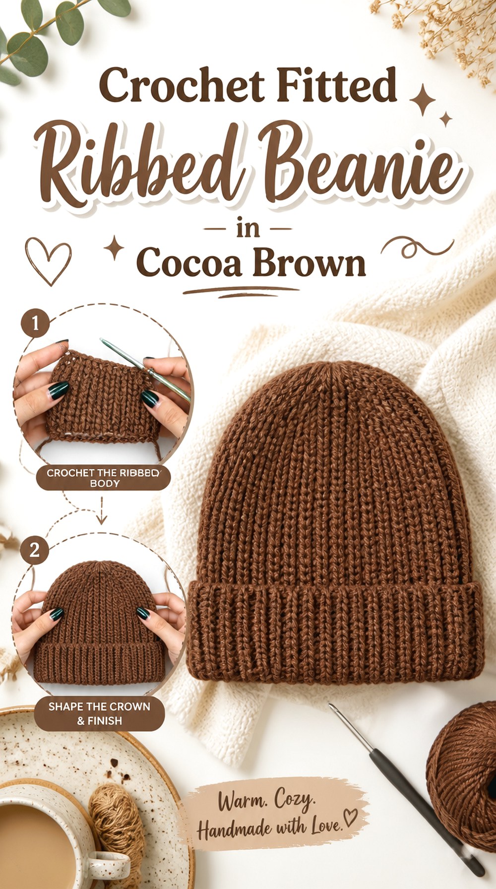 Crochet Fitted Ribbed Beanie in Cocoa Brown