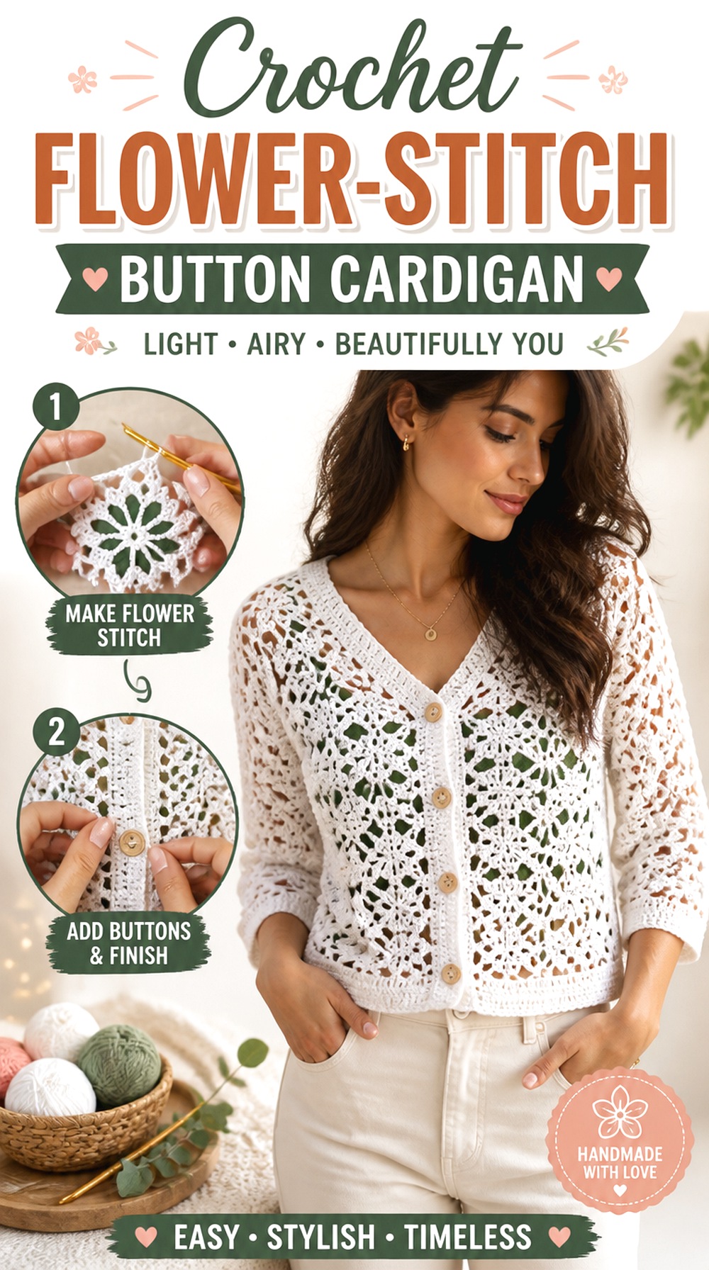Crochet Flower Stitch Button Cardigan