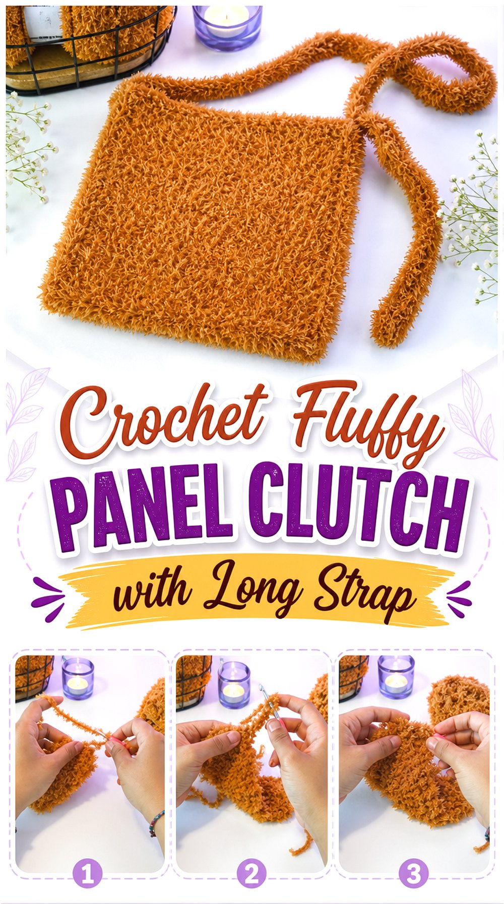 Crochet Fluffy Panel Clutch with Long Strap