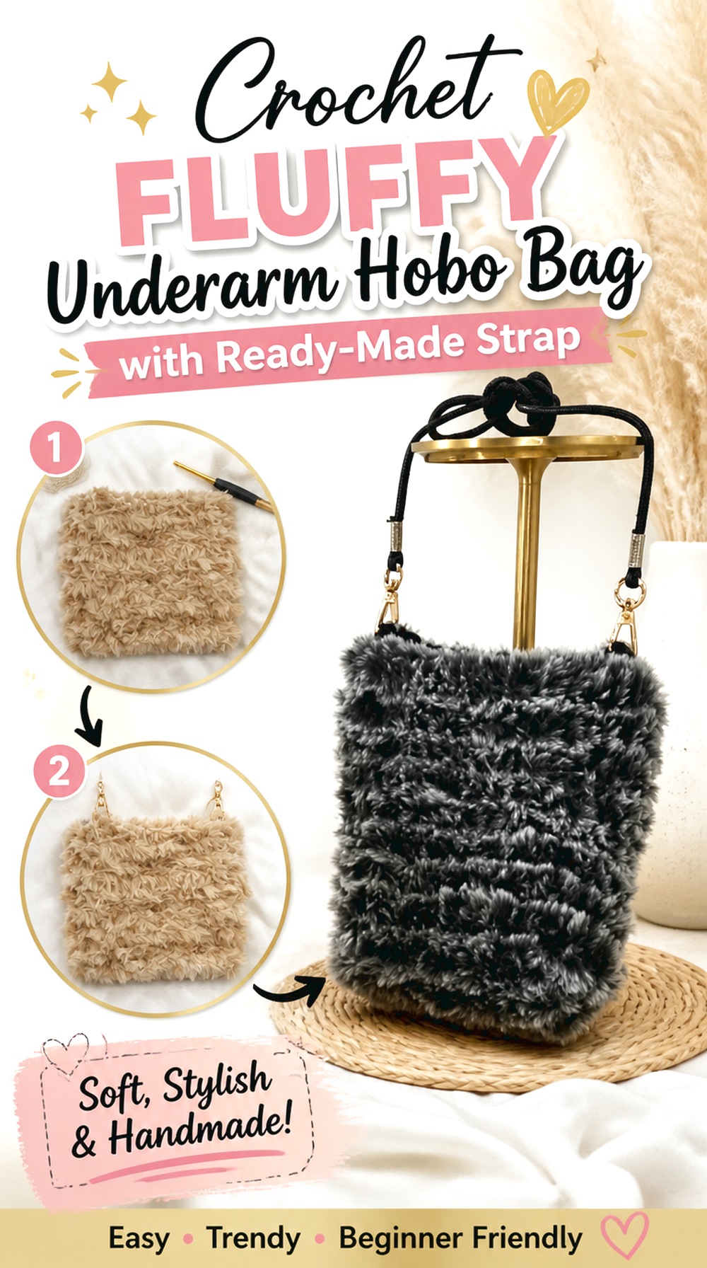Crochet Fluffy Underarm Hobo Bag with Ready Made Strap