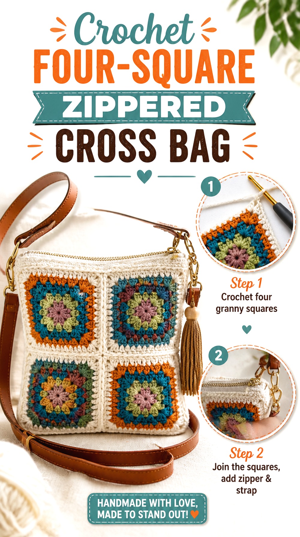 Crochet Four Square Zippered Cross Bag