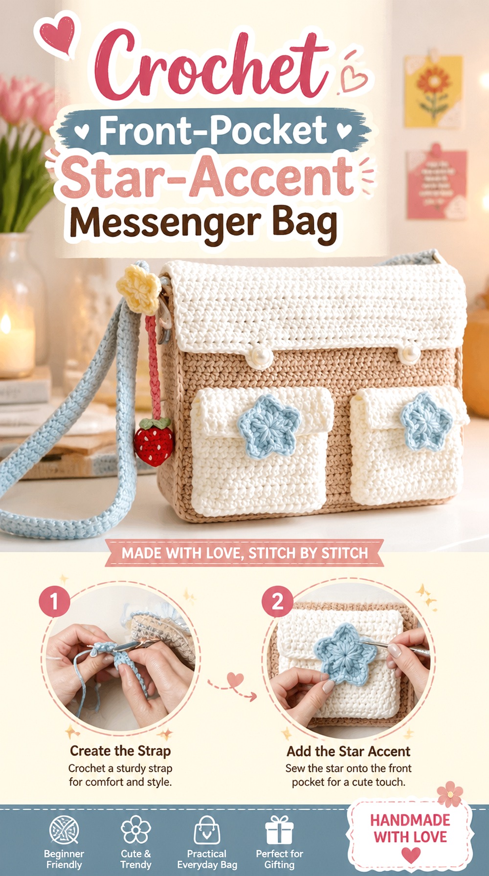 Crochet Front Pocket Star Accent Messenger Bag