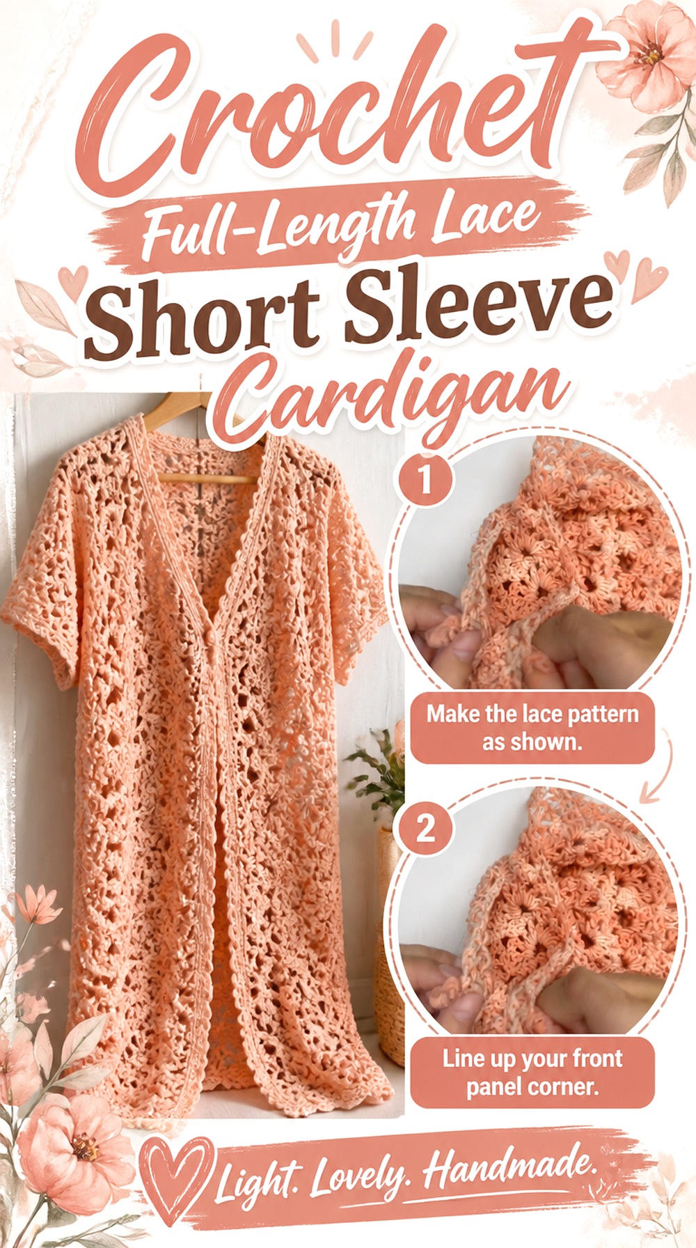 Crochet Full Length Lace Short Sleeve Cardigan