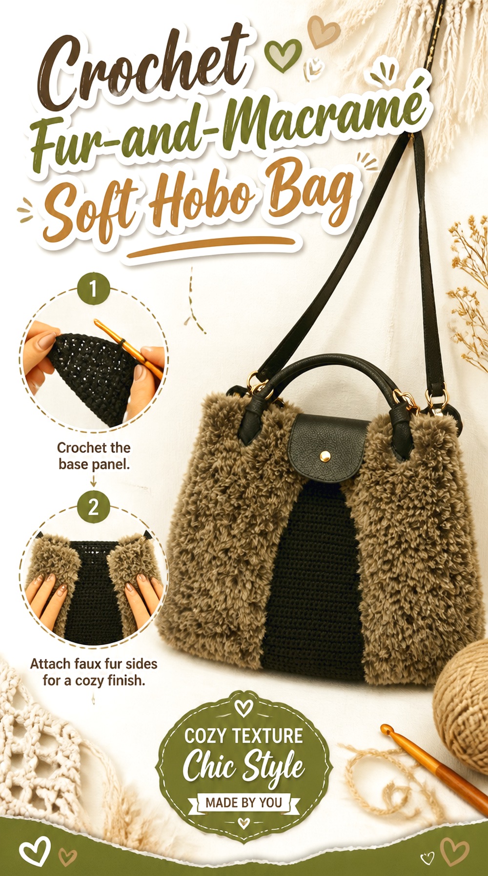 Crochet Fur and Macramé Soft Hobo Bag