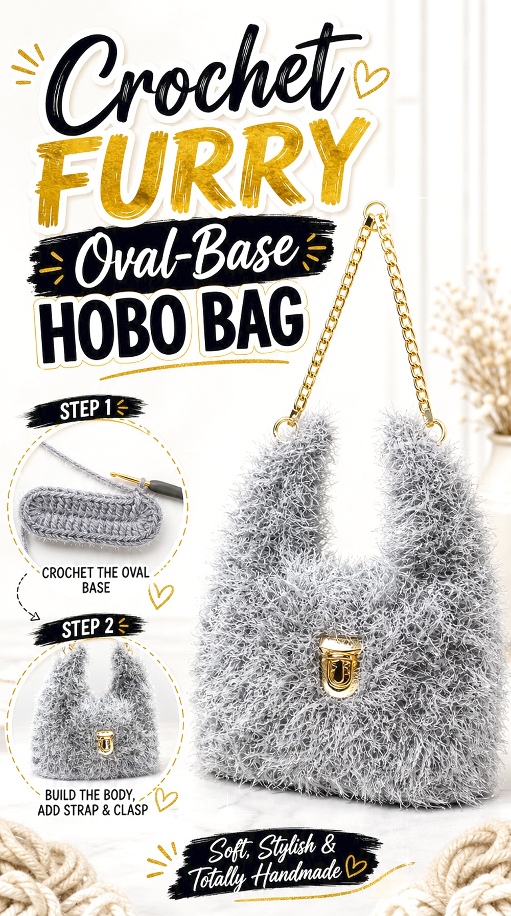 Crochet Furry Oval Base Hobo Bag