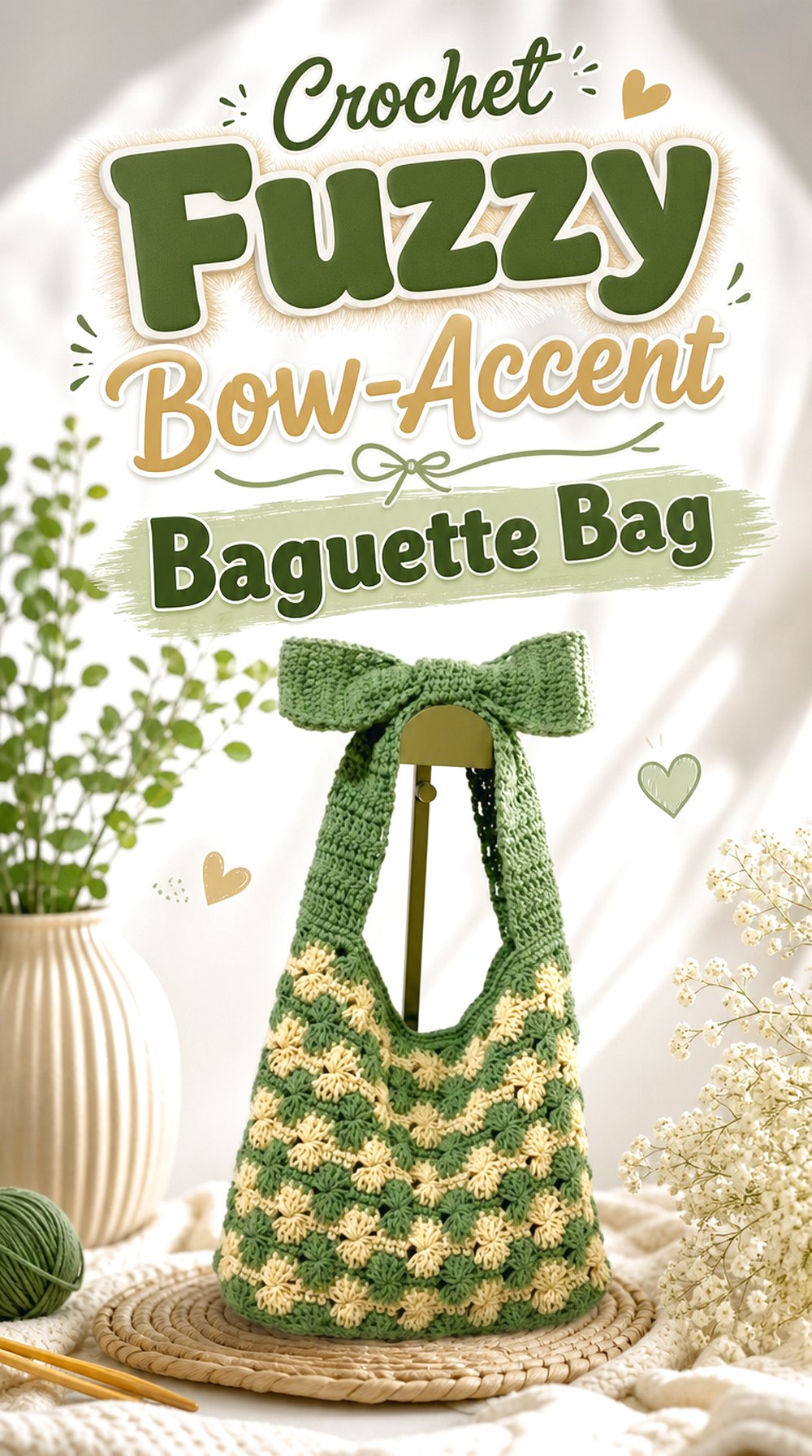 Crochet Fuzzy Bow-Accent Baguette Bag