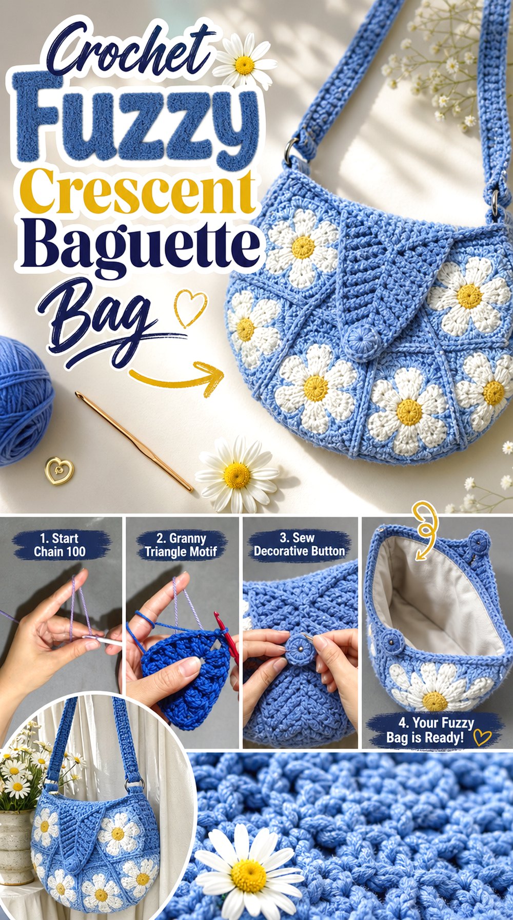 Crochet Fuzzy Crescent Baguette Bag