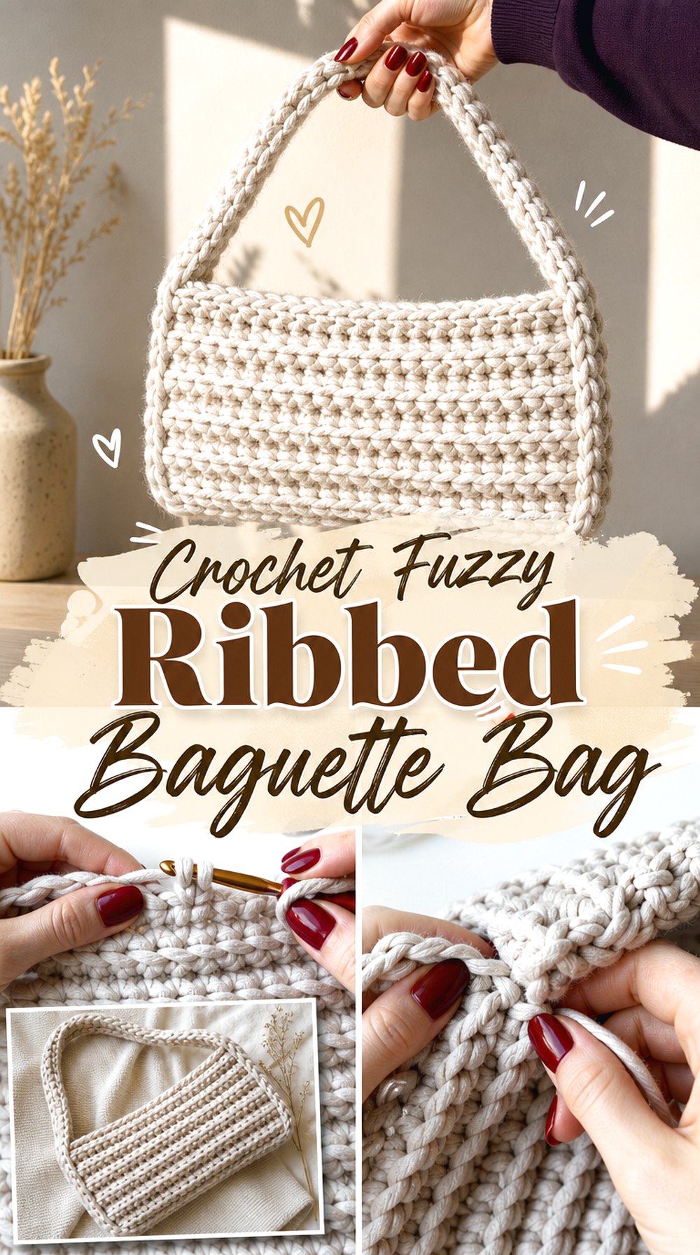 Crochet Fuzzy Ribbed Baguette Bag