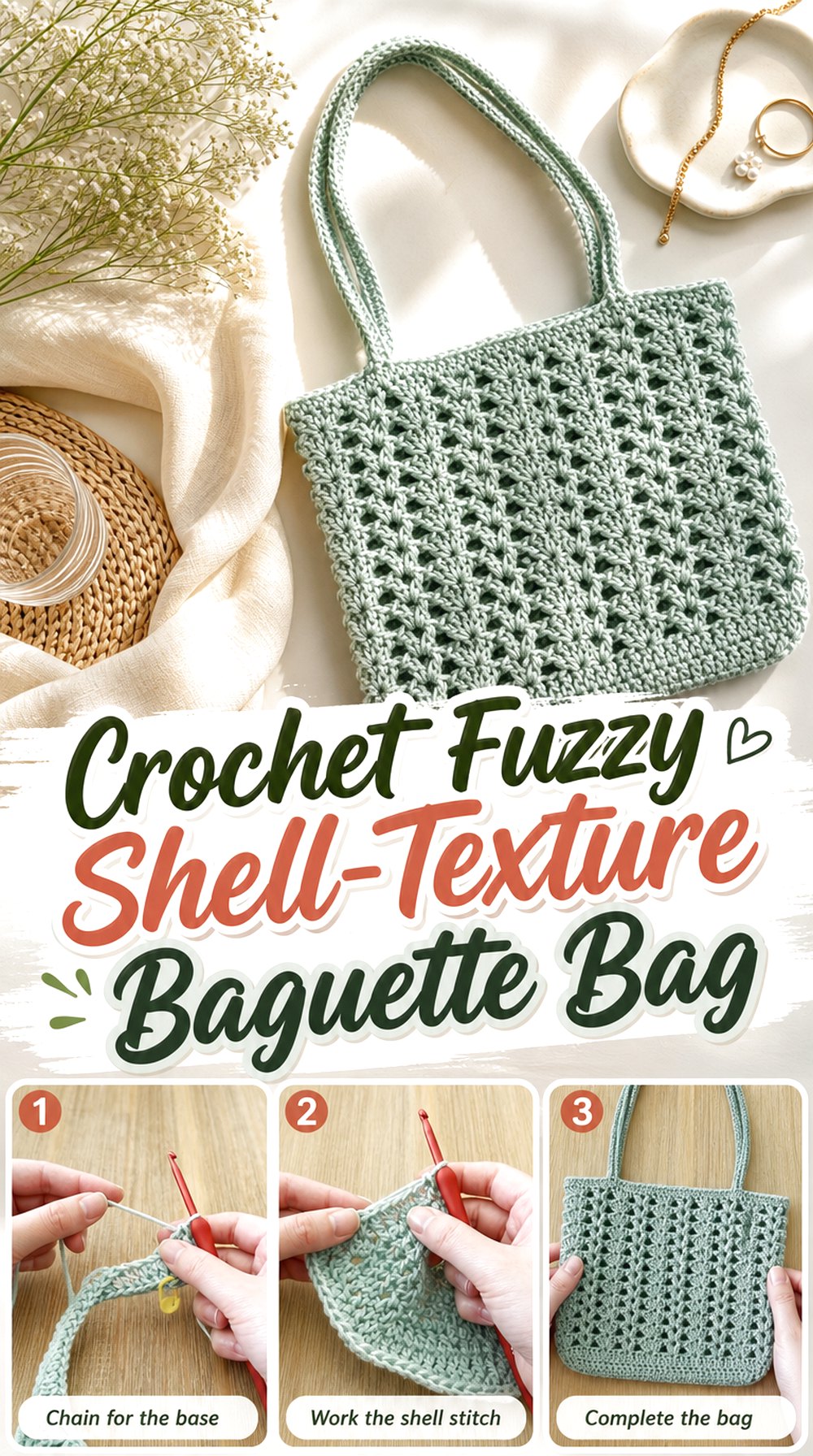 Crochet Fuzzy Shell-Texture Baguette Bag