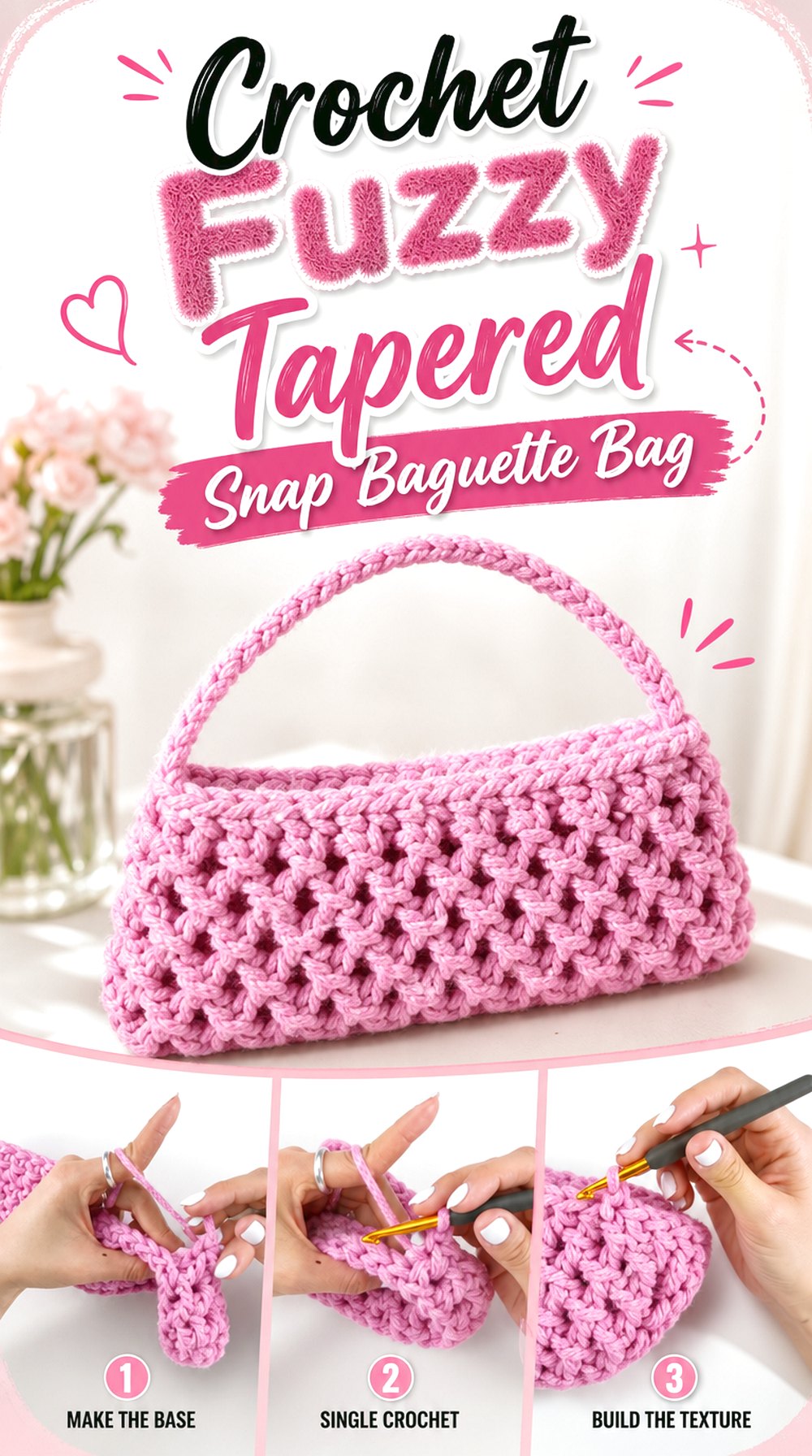 Crochet Fuzzy Tapered Snap Baguette Bag