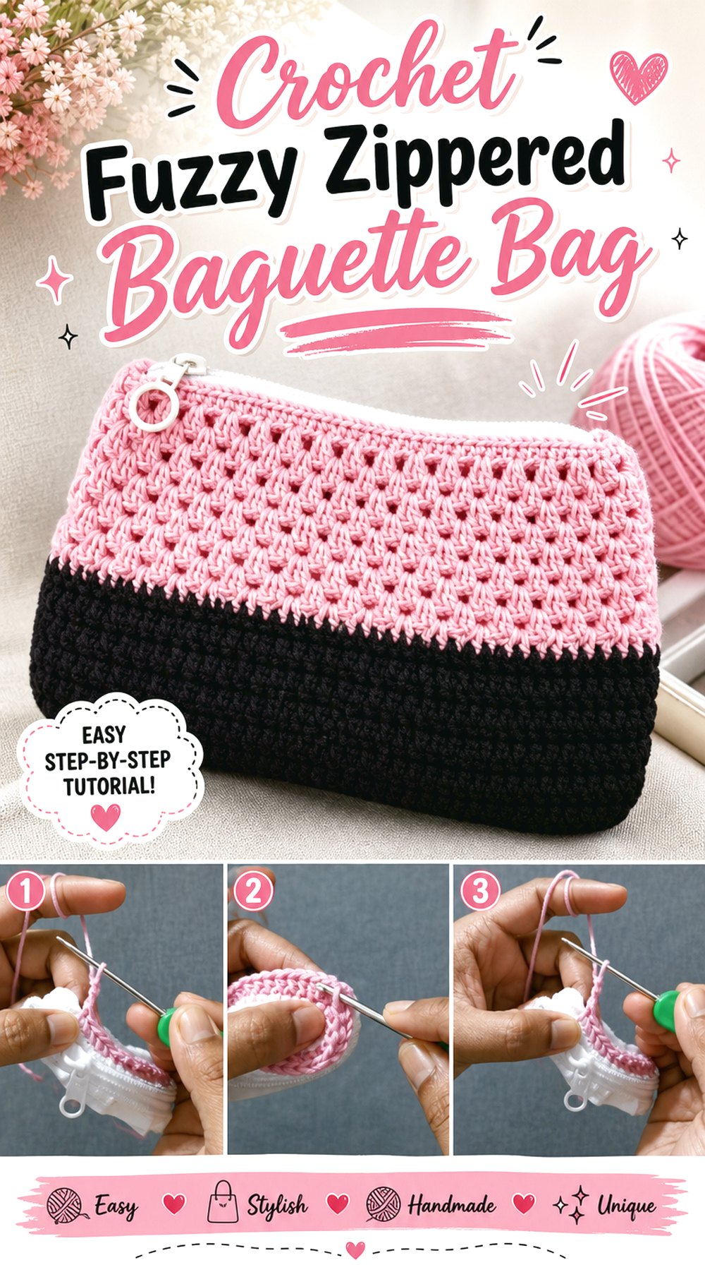 Crochet Fuzzy Zippered Baguette Bag