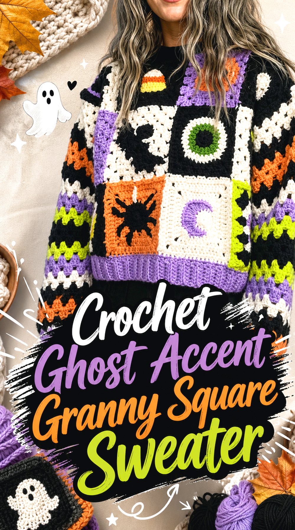 Crochet Ghost Accent Granny Square Sweater