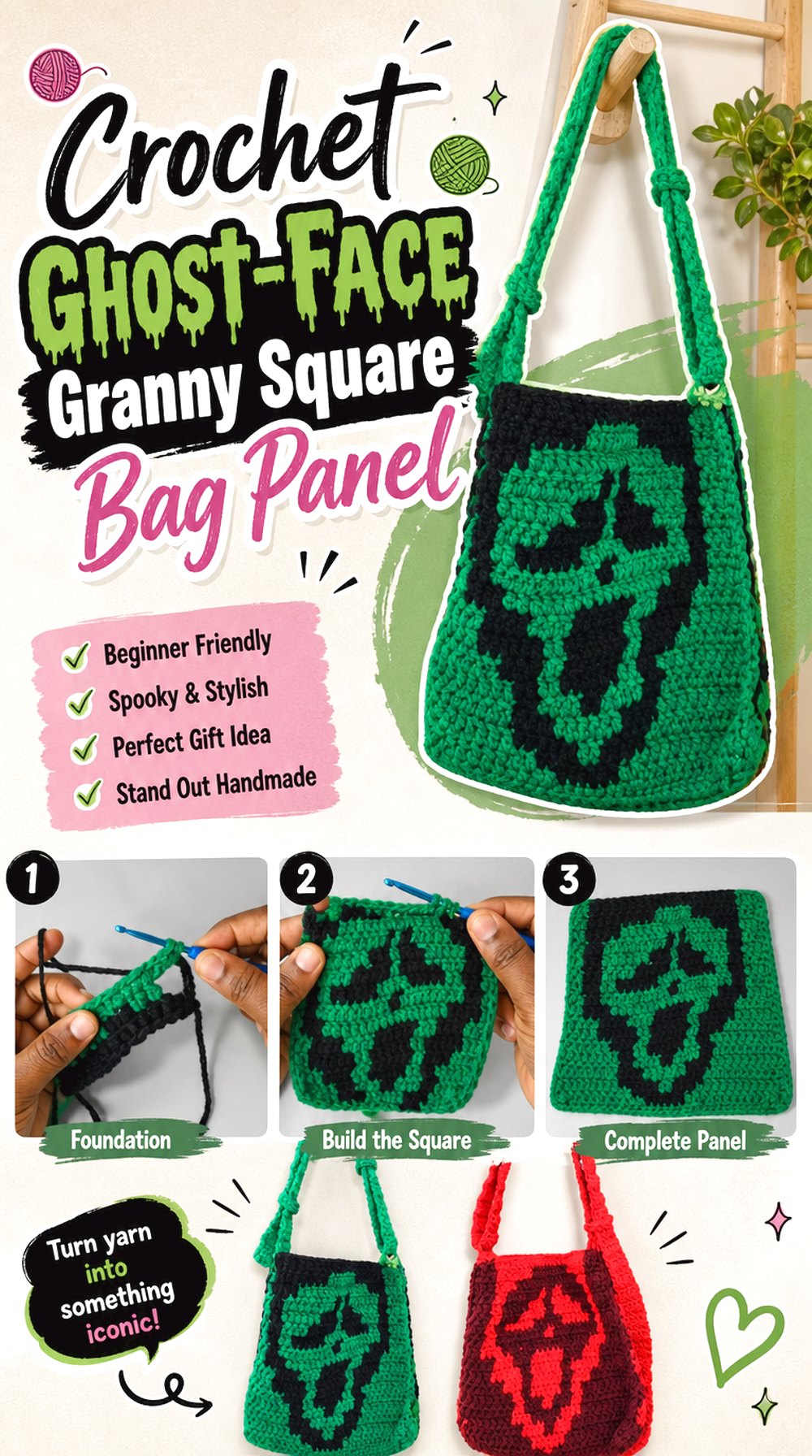 Crochet Ghost-Face Granny Square Bag Panel