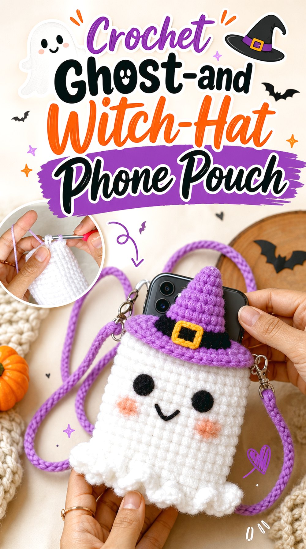 Crochet Ghost-and-Witch-Hat Phone Pouch