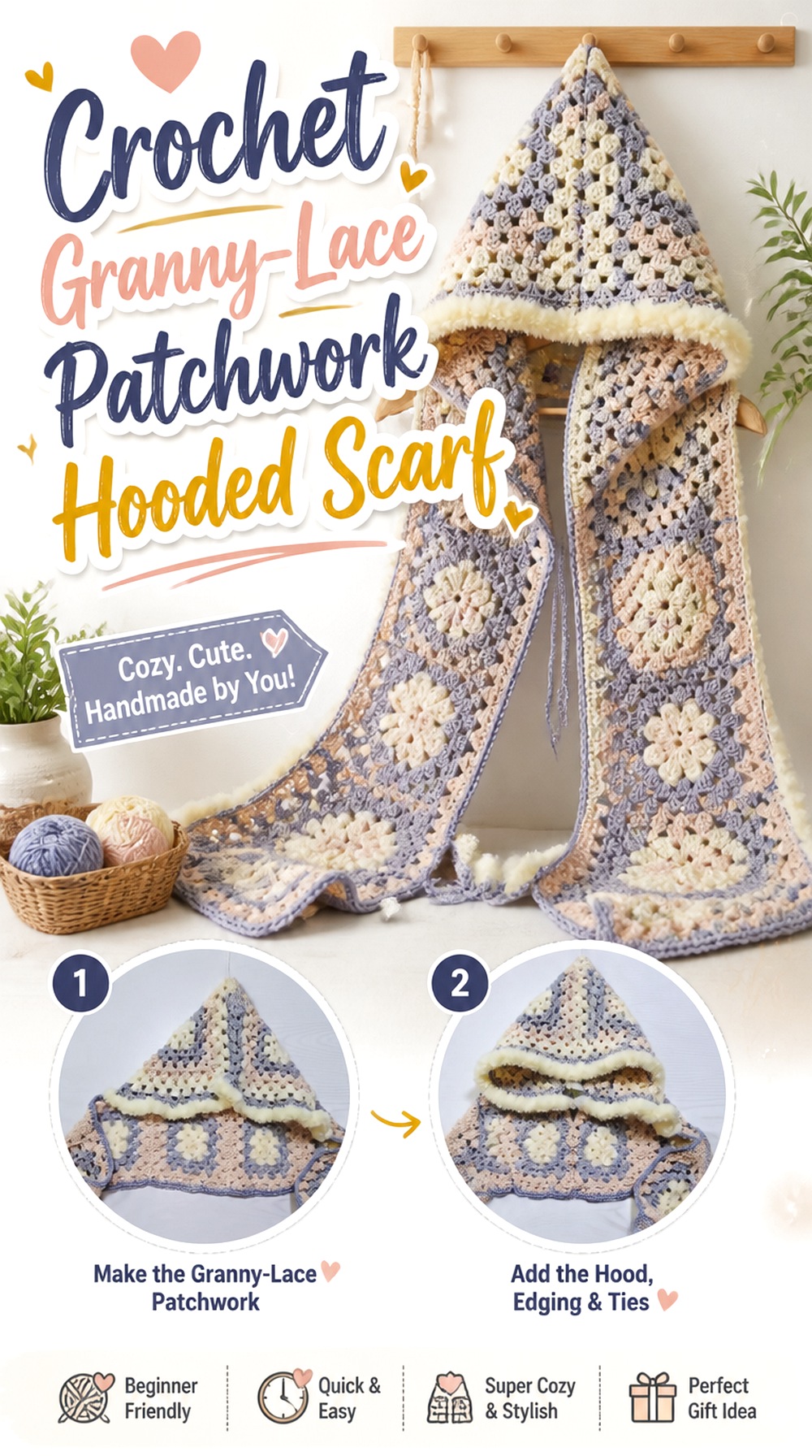 Crochet Granny Lace Patchwork Hooded Scarf
