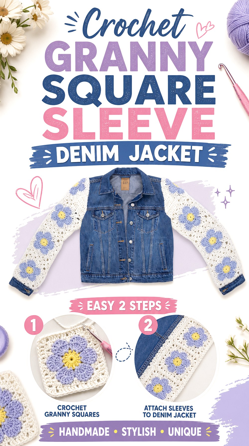Crochet Granny Square Sleeve Denim Jacket