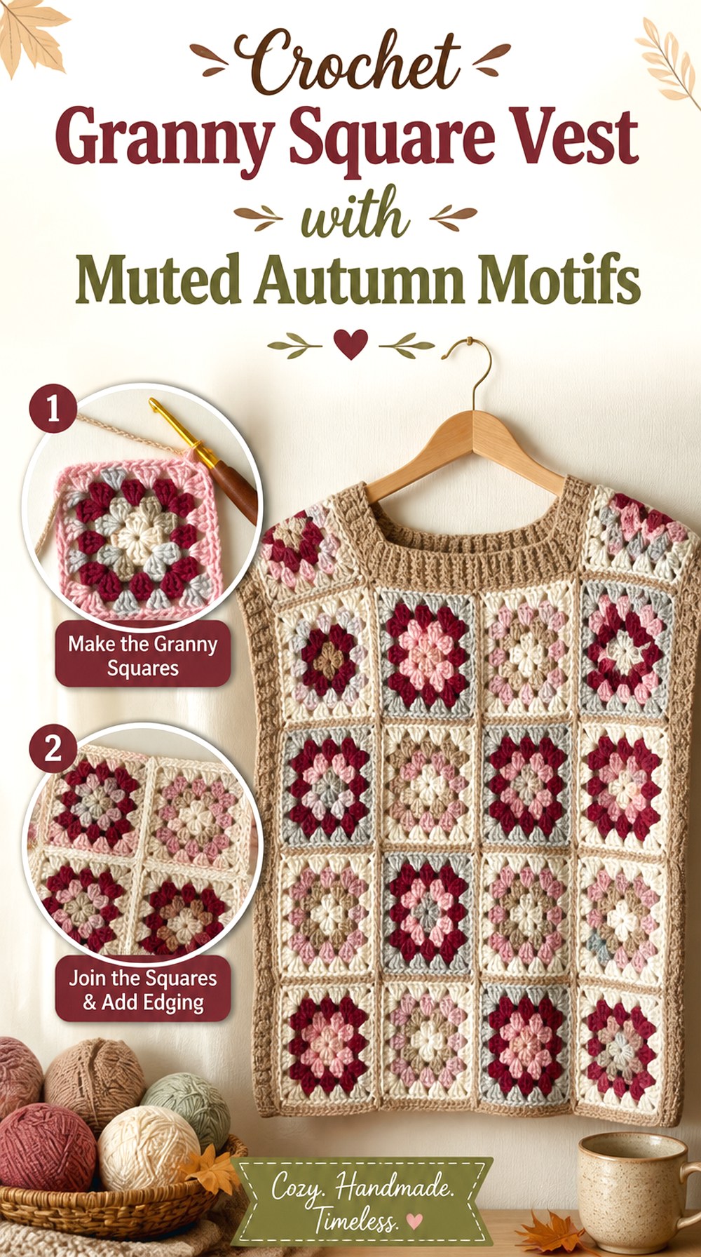 Crochet Granny Square Vest with Muted Autumn Motifs