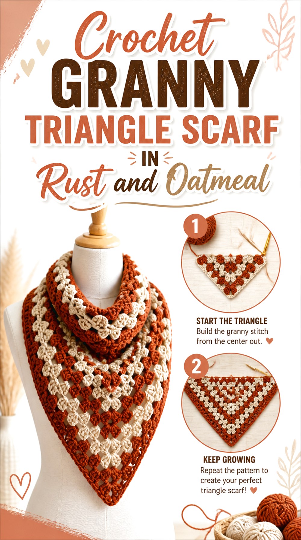 Crochet Granny Triangle Scarf in Rust and Oatmeal