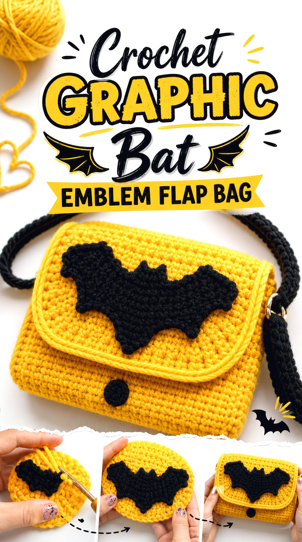 Crochet Graphic Bat Emblem Flap Bag