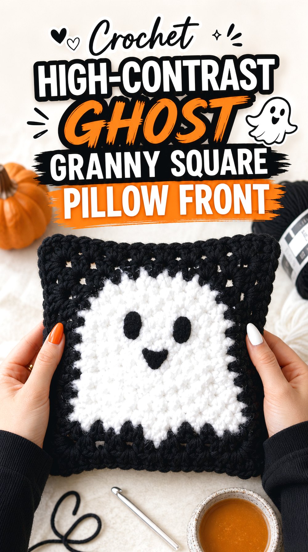Crochet High-Contrast Ghost Granny Square Pillow Front