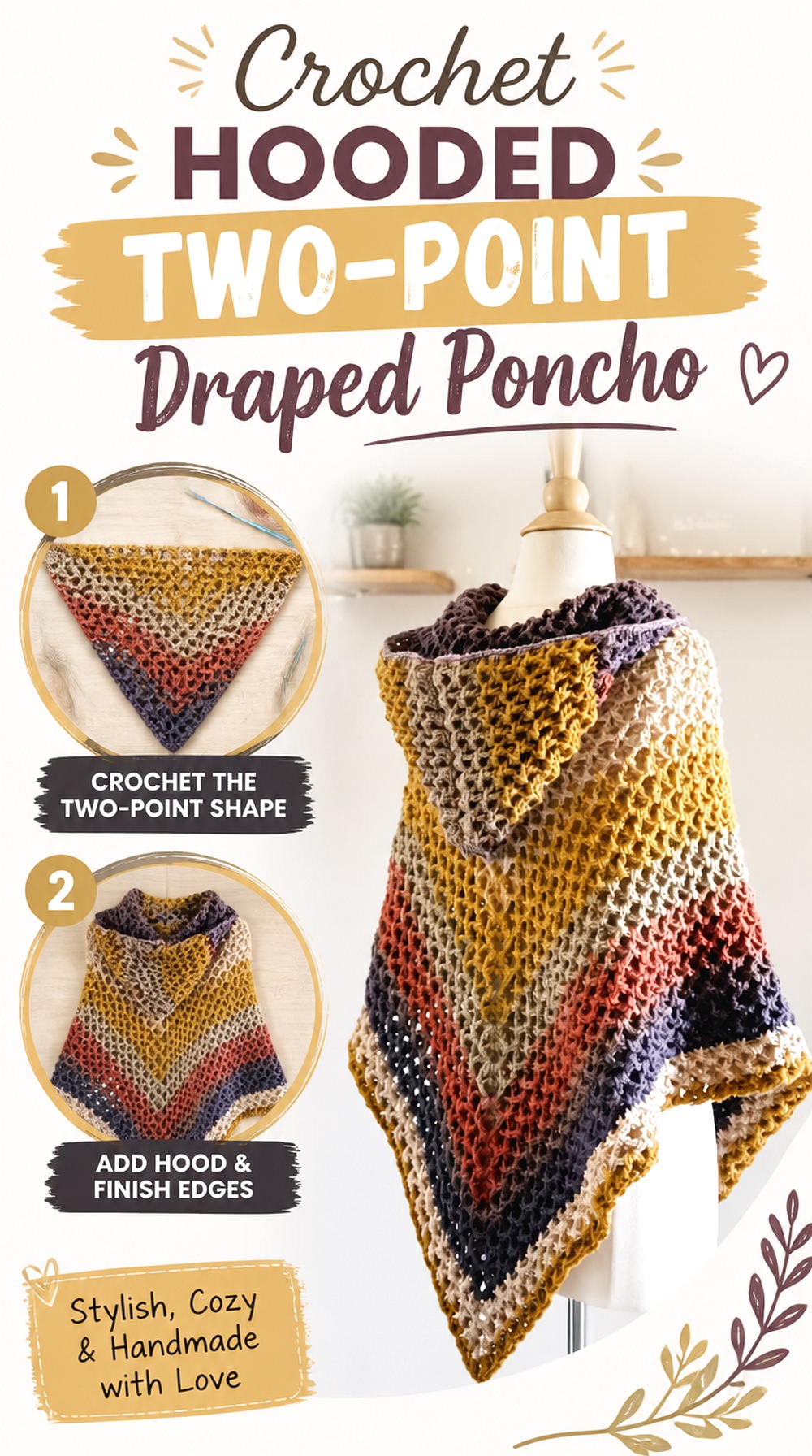 Crochet Hooded Two Point Draped Poncho