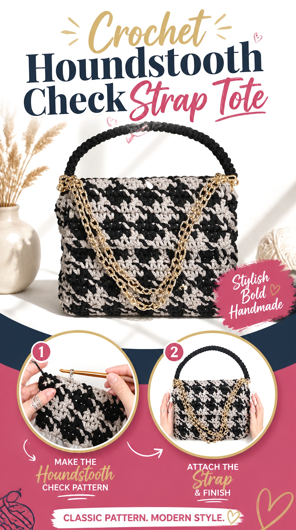 Crochet Houndstooth Check Strap Tote
