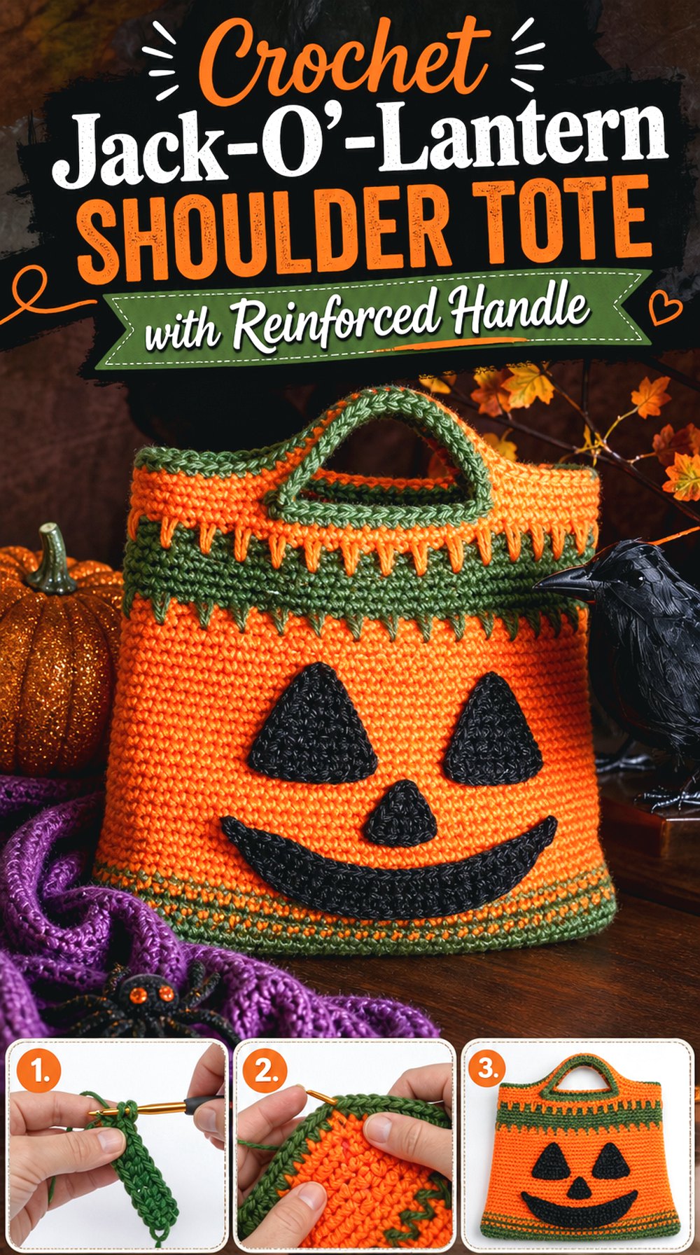 Crochet Jack-O’-Lantern Shoulder Tote with Reinforced Handle