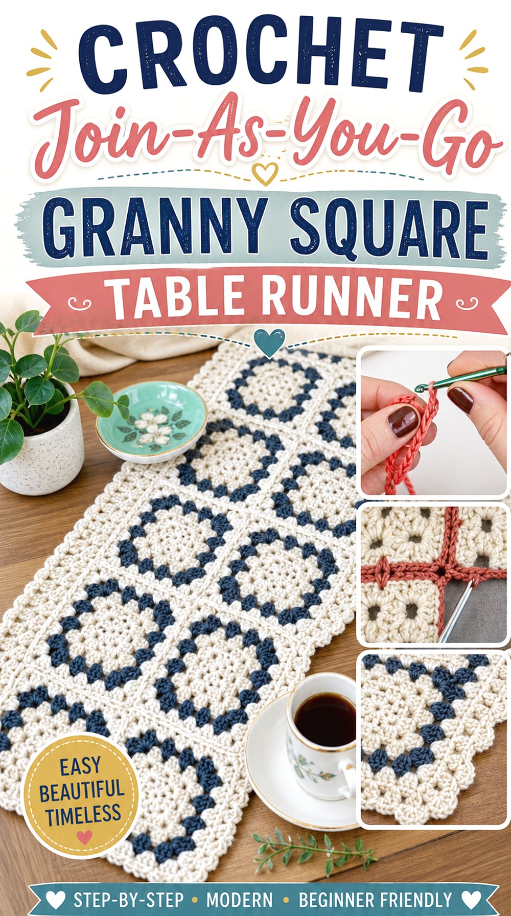Crochet Join-As-You-Go Granny Square Table Runner