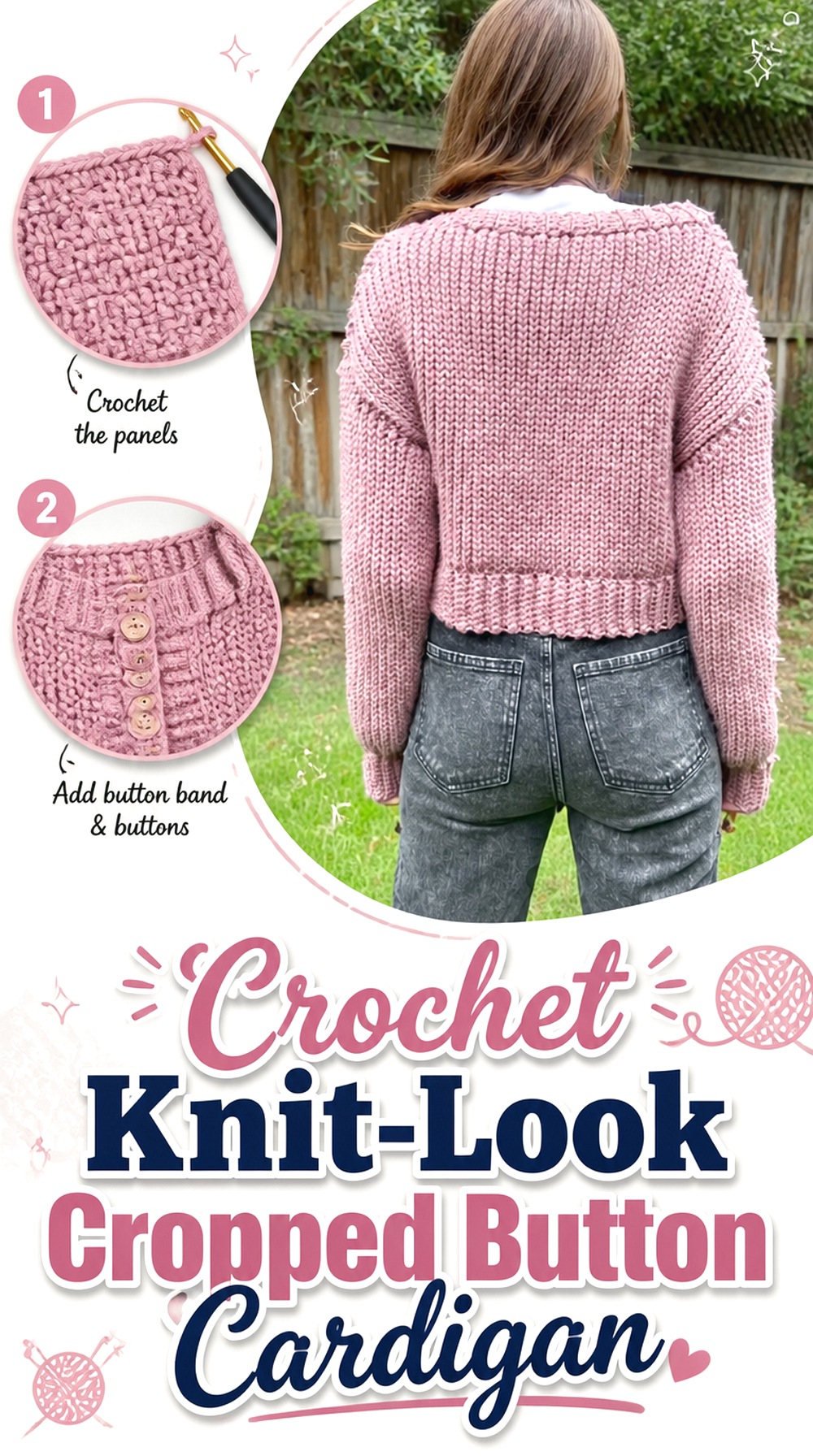 Crochet Knit Look Cropped Button Cardigan