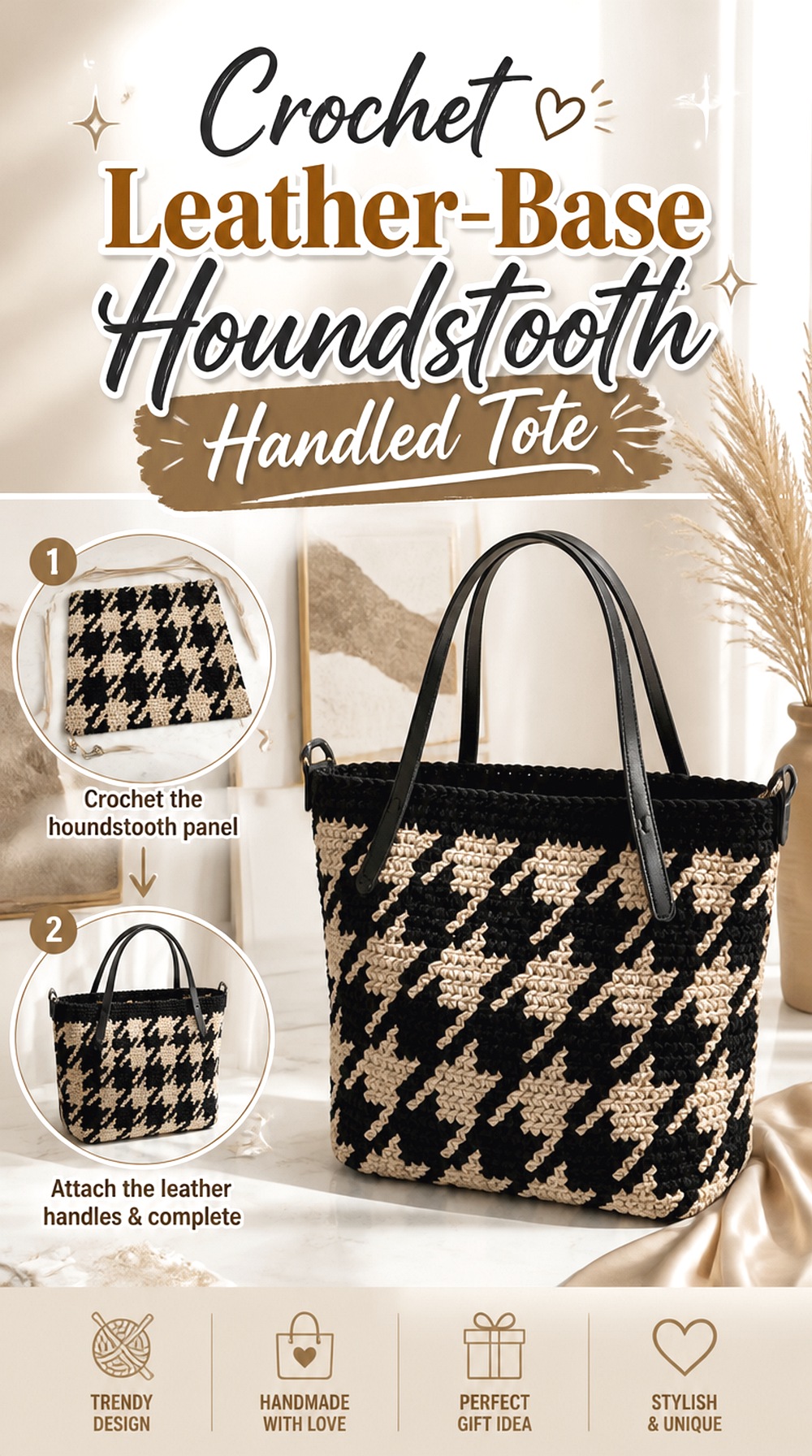 Crochet Leather Base Houndstooth Handled Tote