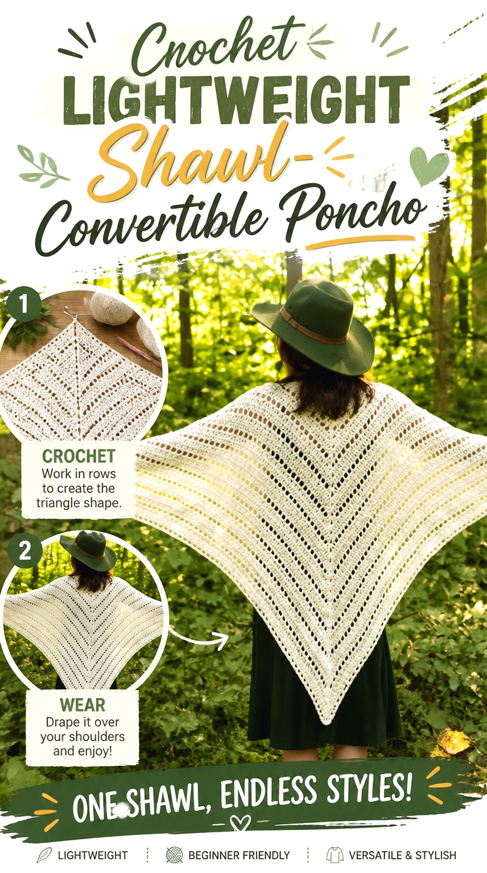 Crochet Lightweight Shawl Convertible Poncho