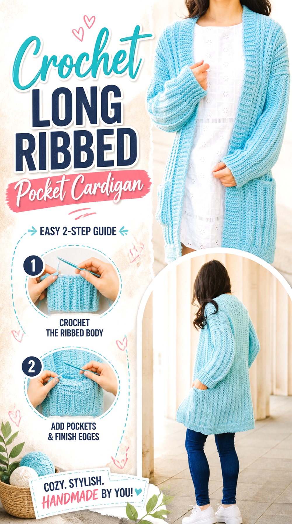 Crochet Long Ribbed Pocket Cardigan