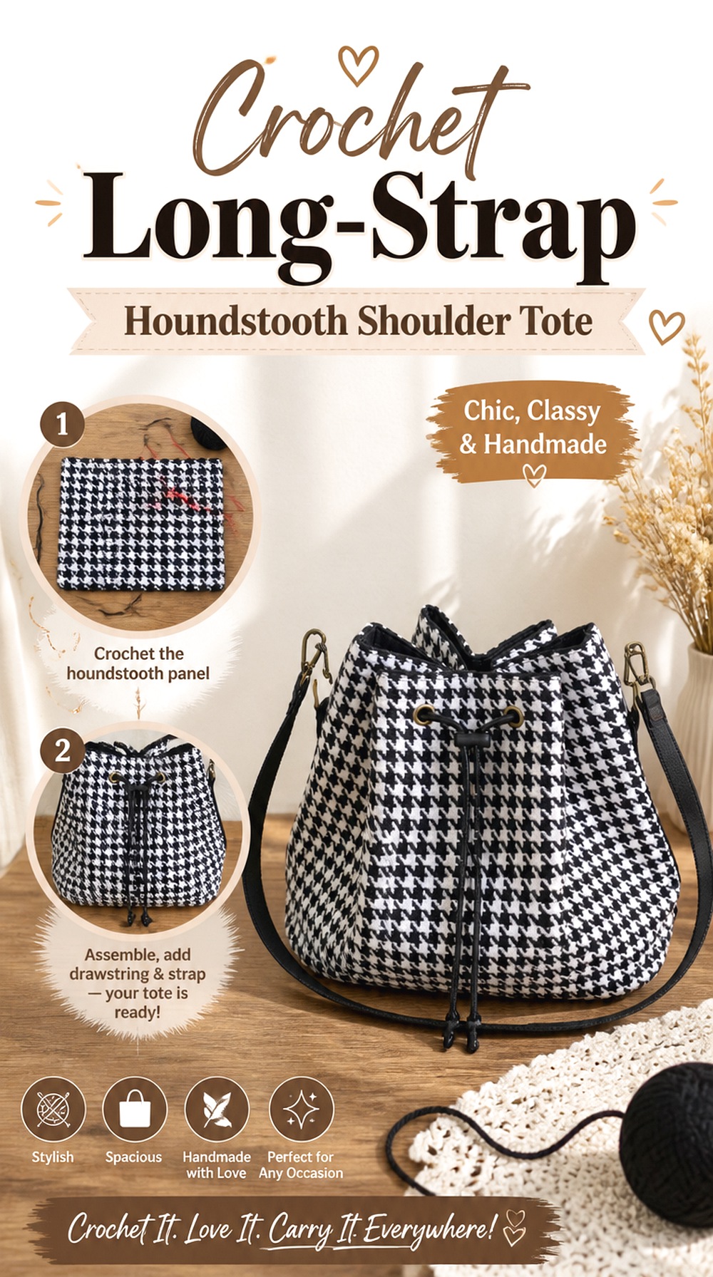 Crochet Long Strap Houndstooth Shoulder Tote