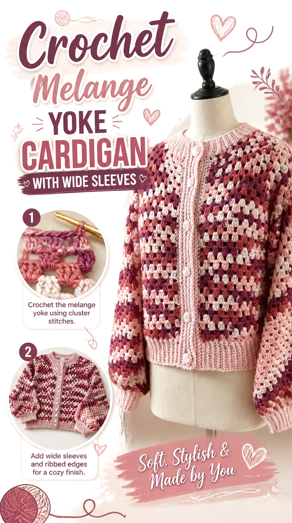 Crochet Melange Yoke Cardigan with Wide Sleeves