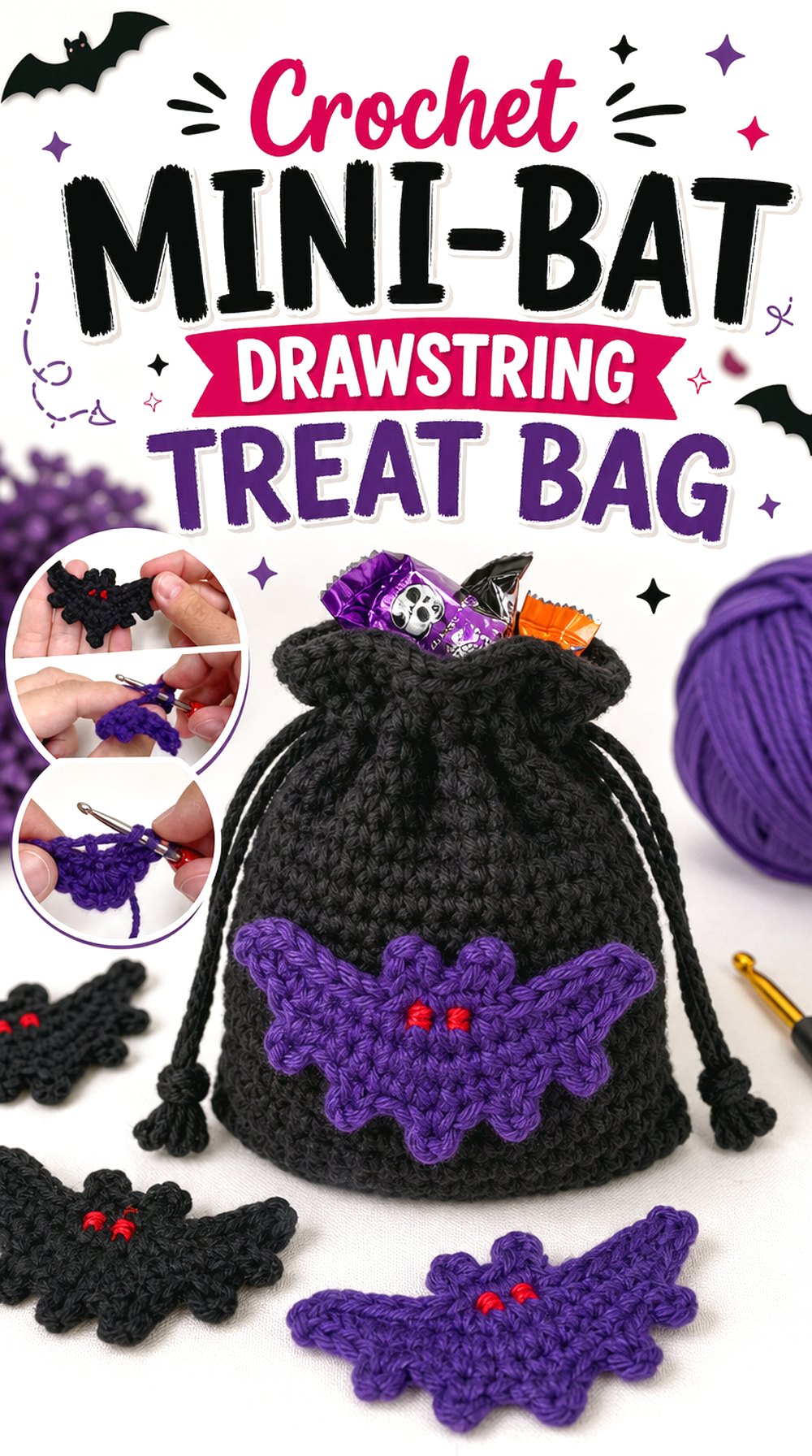 Crochet Mini-Bat Drawstring Treat Bag