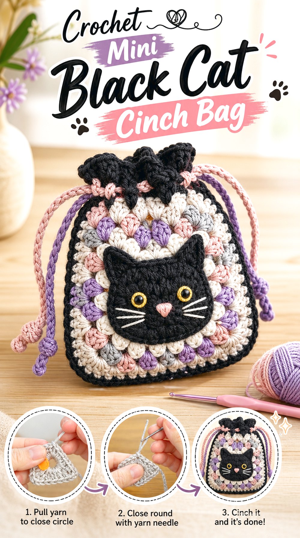 Crochet Mini Black Cat Cinch Bag