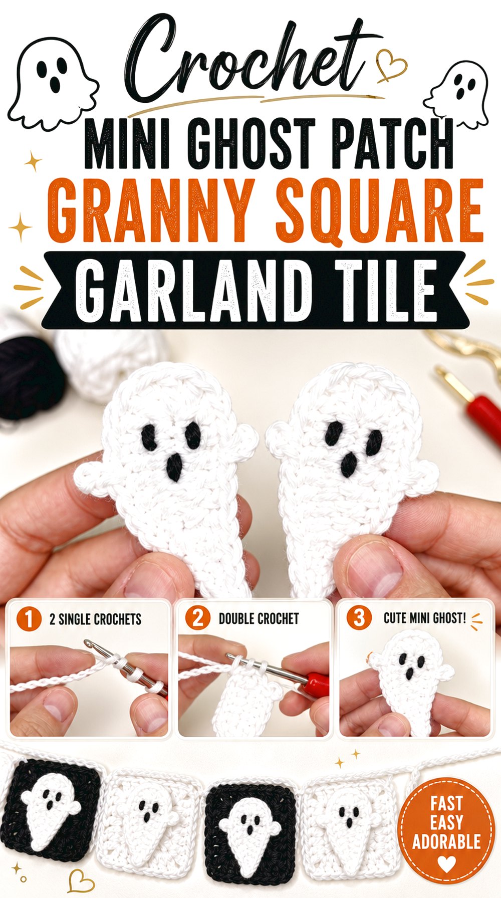 Crochet Mini Ghost Patch Granny Square Garland Tile