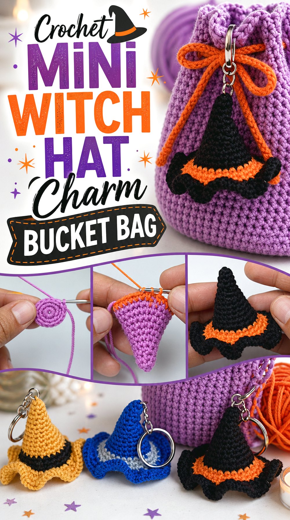 Crochet Mini Witch Hat Charm Bucket Bag