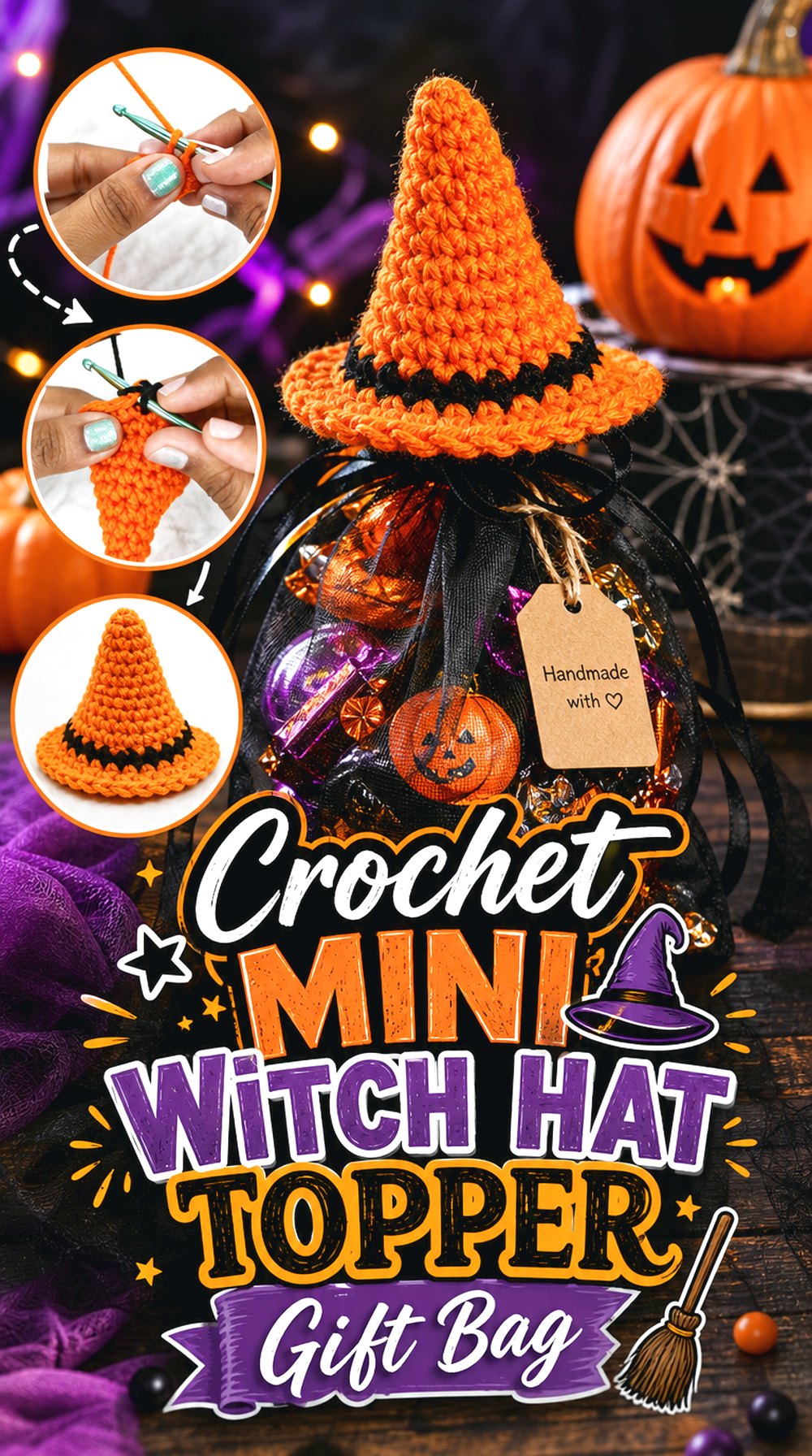 Crochet Mini Witch Hat Topper Gift Bag