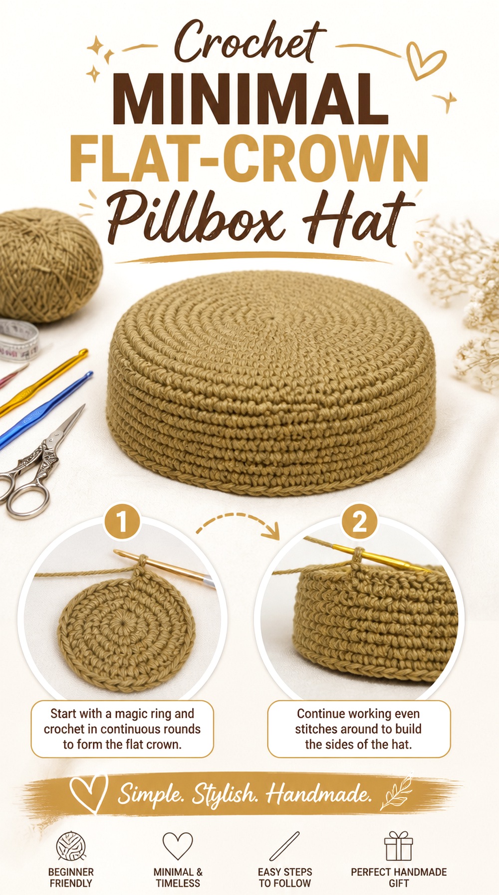 Crochet Minimal Flat Crown Pillbox Hat