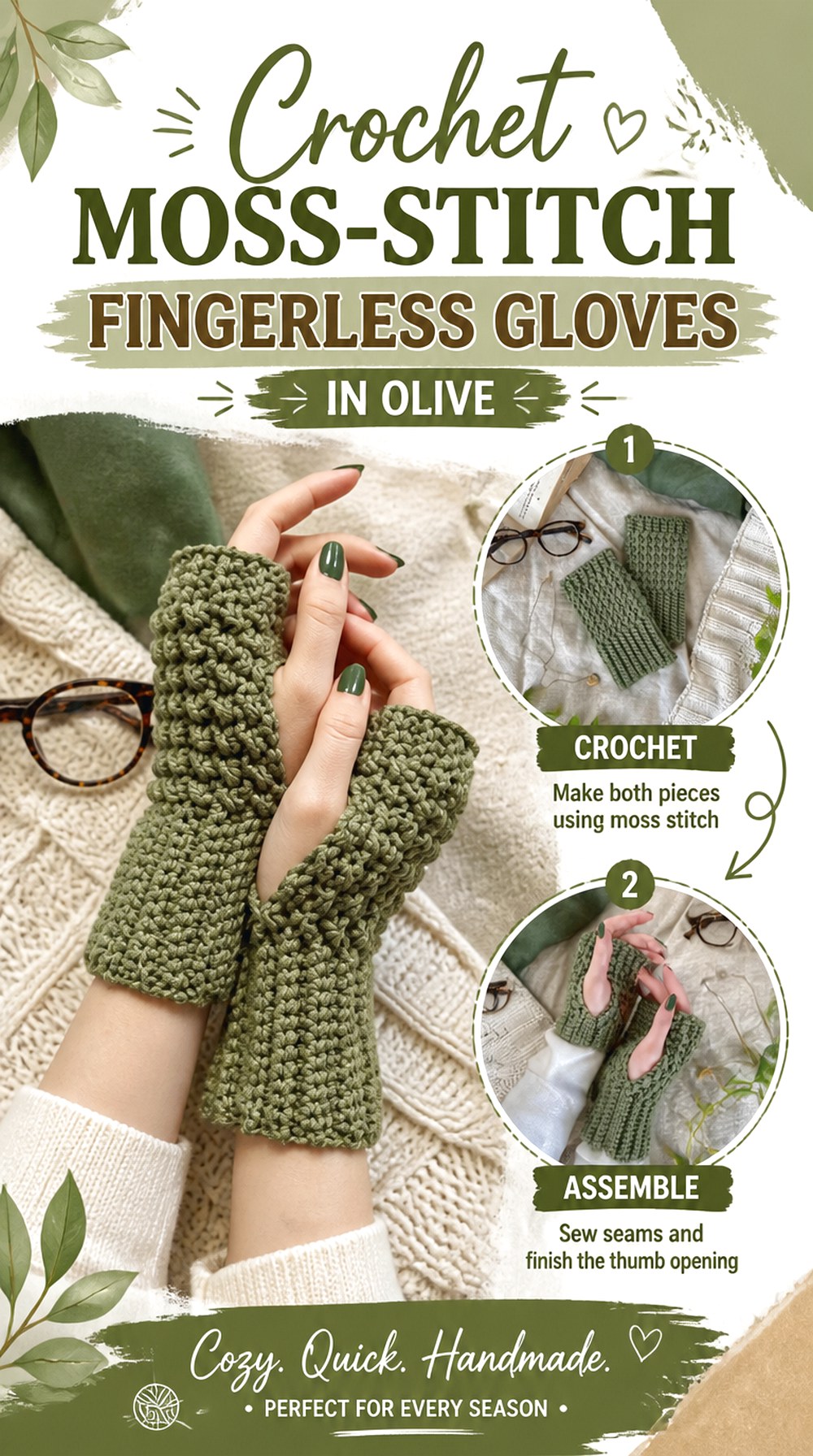 Crochet Moss Stitch Fingerless Gloves in Olive